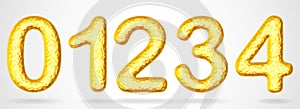 Set of golden 3D numbers zero, one, two, three, four
