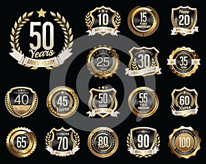 Set of Golden Anniversary Badges. Set of Golden Anniversary Signs.