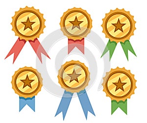 Set of golden award badges with blue,red and green ribbons. Flat vector illustration isolated on white background