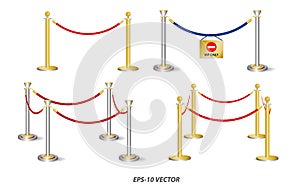 Set of golden barricade or stand barrier rope isolated.