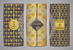 Set of golden brochures with hand drawn design elements. Vector trendy templates.