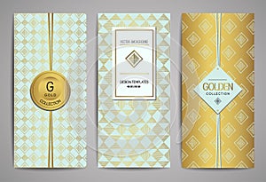 Set of golden brochures with hand drawn design elements. Vector trendy templates.