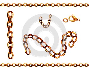 Set of golden chain elements on a white background watercolor illustration