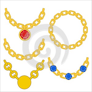 Set of golden chain link circle in flat style with precious stones frame board