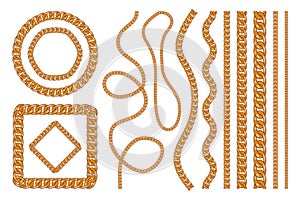 Set of golden chains, gold bracelet and chain brushes and frames. Different gold links, flat jewelry elements. Vector