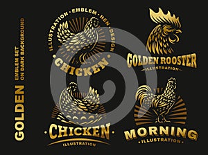 Set golden chicken emblem on dark background