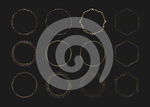 Set Golden circle confetti frames. Festive gold sparkle border, round and hexagons spotted frames. Template for wallpaper, banner,