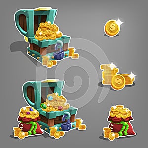 Set of golden coins in chest and bag.