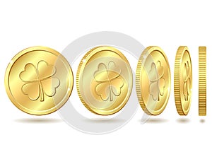Set of golden coins with four leaf clover.