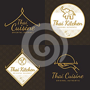 Set of golden color Thai food logo, badges, banners, emblem for asian food restaurant with thai pattern.