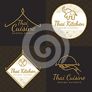 Set of golden color Thai food logo, badges, banners, emblem for asian food restaurant with thai pattern. photo