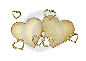Set of golden colored hearts on a white background