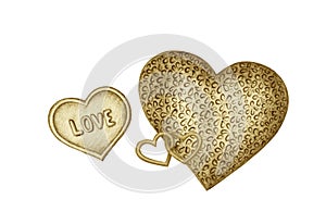 Set of golden colored hearts on a white background