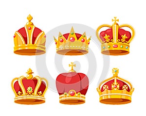 Set of Golden Crowns For King Or Queen, Crowning Headdress For Monarch. Royal Gold Monarchy Medieval Emperor Symbol