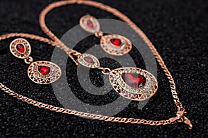 Set of golden set with diamonds over black background