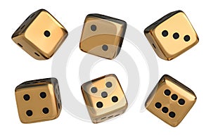 Set of golden dice with black dots isolated on white background