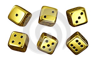 Set of 6 golden dice cubes isolated in white background. 3D rendering. Board game. Lucky number