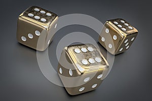 Set of golden dice with white dots isolated on black background