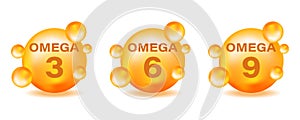 A set of golden drops of Omega icons . Polyunsaturated fats Omega-3, Omega-6, Omega-9.