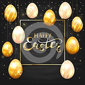 Set of golden Easter eggs on black chalkboard background