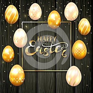 Set of golden Easter eggs on black wooden background