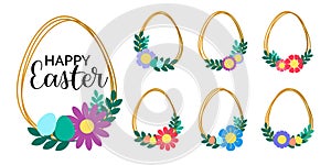 Set of Golden Easter eggs in frames with flowers
