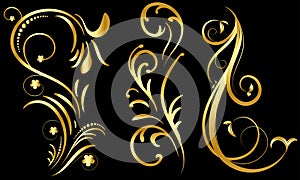 Set of golden floral elements on a black background,Ornamental border,swirls and flowers,Decorative design element for page