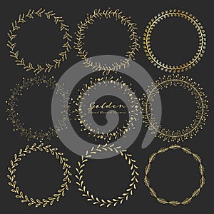 Set of golden floral round frames for decoration, Decorative round frames.