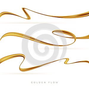 Set of golden flow wave. Golden paint brush stroke. Luxury flow design element. Abstract gold ribbon. Vector.