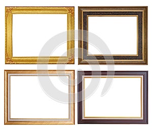 Set of golden frame and wood vintage isolated on white background.