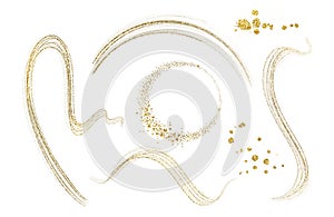 Set golden glitter elements. Arch, curve, circle. Gold foil illustrations isolated on white, have place for text inside