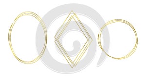 Set golden glitter frames: oval, rhomb, circle. Gold foil illustrations isolated on white, have place for text inside photo