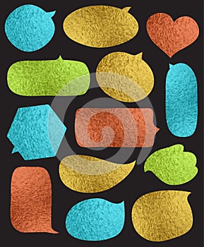 Set of golden glossy labels and bubble over black background, vector