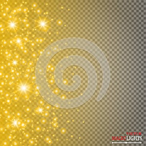 Set of golden glowing lights effects isolated on transparent background. Sun flash with rays and spotlight. Glow light