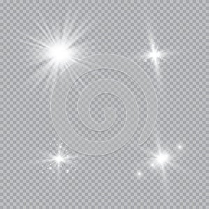Set of golden glowing lights effects isolated on transparent background. Sun flash with rays and spotlight. Glow light effect. Sta