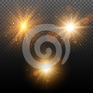 Set of golden glowing lights effects on transparent background. Star burst with sparkles