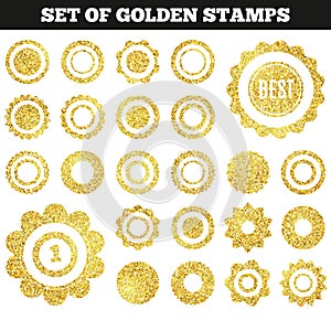 Set of golden grunge stamp. Round shapes. illustration