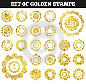 Set of golden grunge stamp. Round shapes. Vector