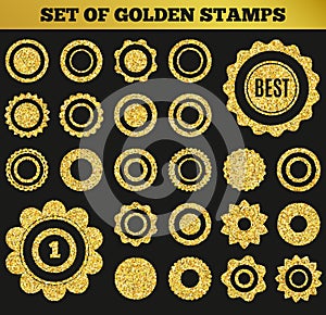 Set of golden grunge stamp. Round shapes. Vector illustration