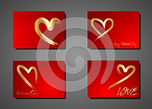 Set golden Hearts vector, hand drawn icon gold brush stroke style. Trendy heart isolated on red background. Useful for web site