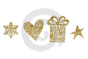 Set of golden icons, symbol. Snowflake, present, gift, star, heart for fabrics, paper, isolated on white background for postcard,