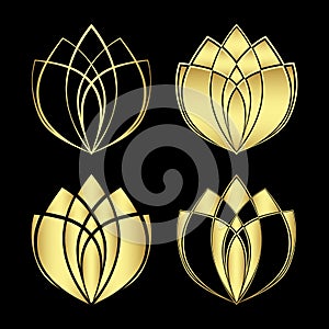 Set of golden lotus symbols in outline, silhouette and combined style. Gold floral logos collection of spa, relax