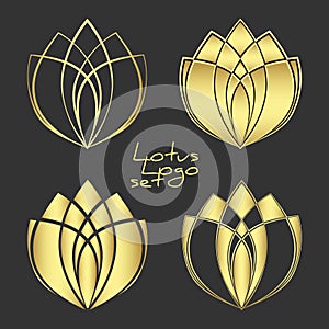 Set of golden lotus symbols in outline, silhouette and combined style. Vector gold floral logos collection of spa, relax