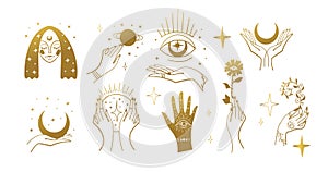 Set of golden magic stickers, boho design elements, tattoo, alchemical symbols, esotericism and witchcraft. Linear vector