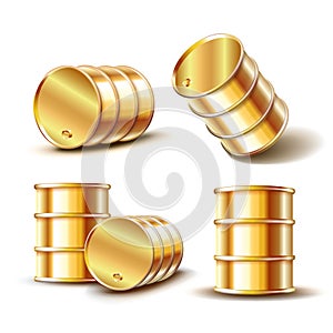 Set of Golden metal oil barrel in different position isolated on white