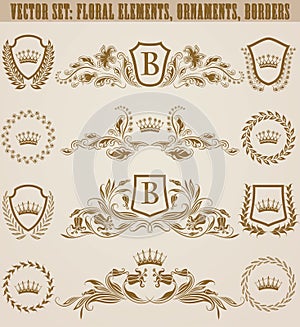 Set of golden monograms with floral elements for page, web