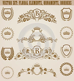 Set of golden monograms with floral elements for page, web