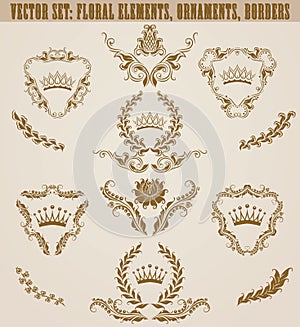 Set of golden monograms with floral elements for page, web