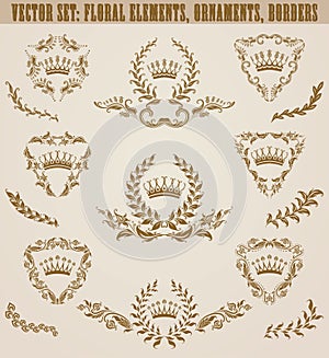 Set of golden monograms with floral elements for page, web