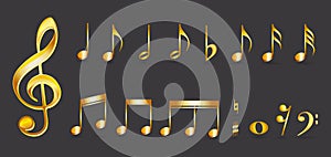 Set of golden musical annotations or realistic gold musical notes symbols.